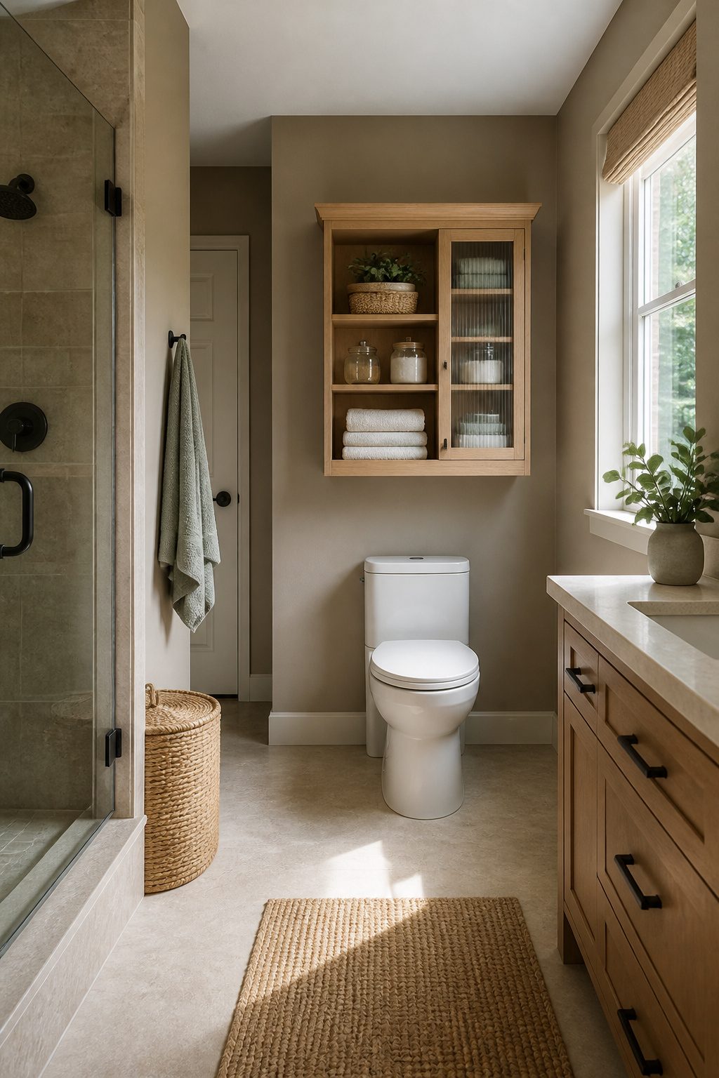 A cabinet above a toilet with shelves displaying toiletries and decor.