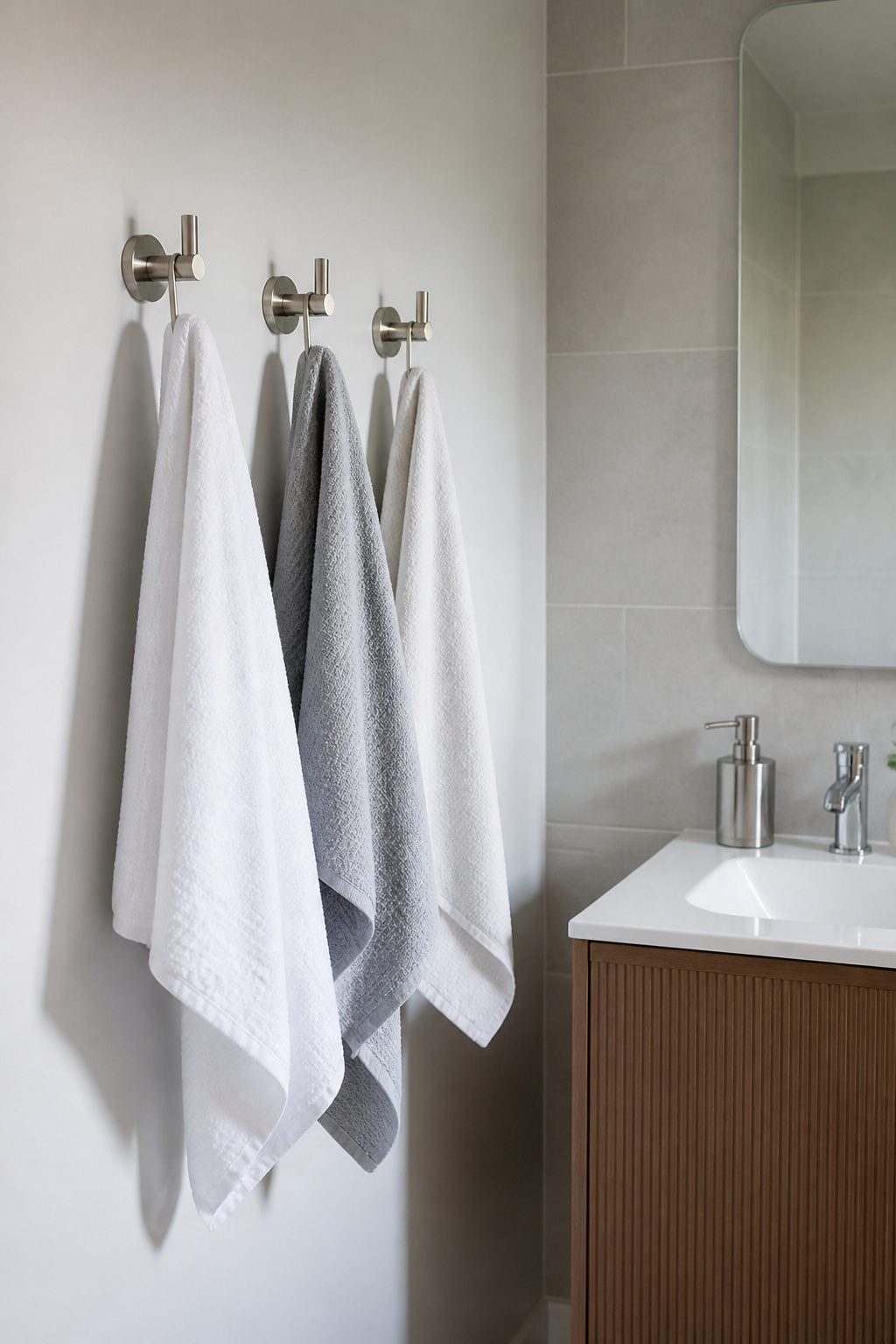 Brushed nickel towel hooks mounted on a white wall beside a sink.