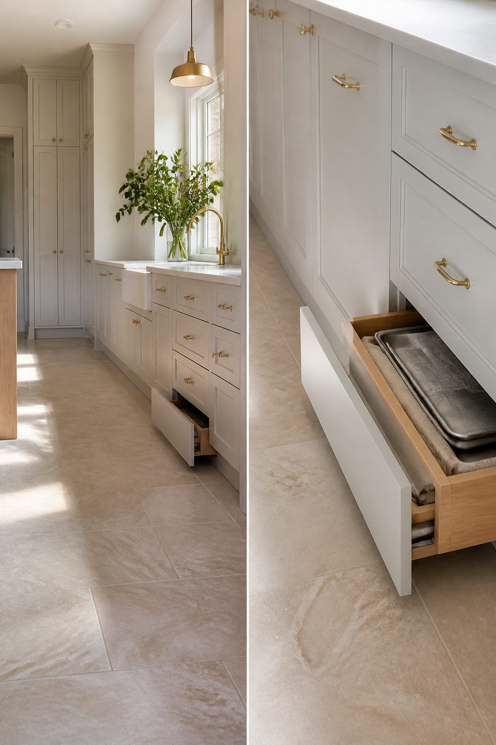 20 Convenient Kitchen Ideas for a Smarter 2026 Remodel 8 Toe-kick drawer at the base of cabinets used for storage.