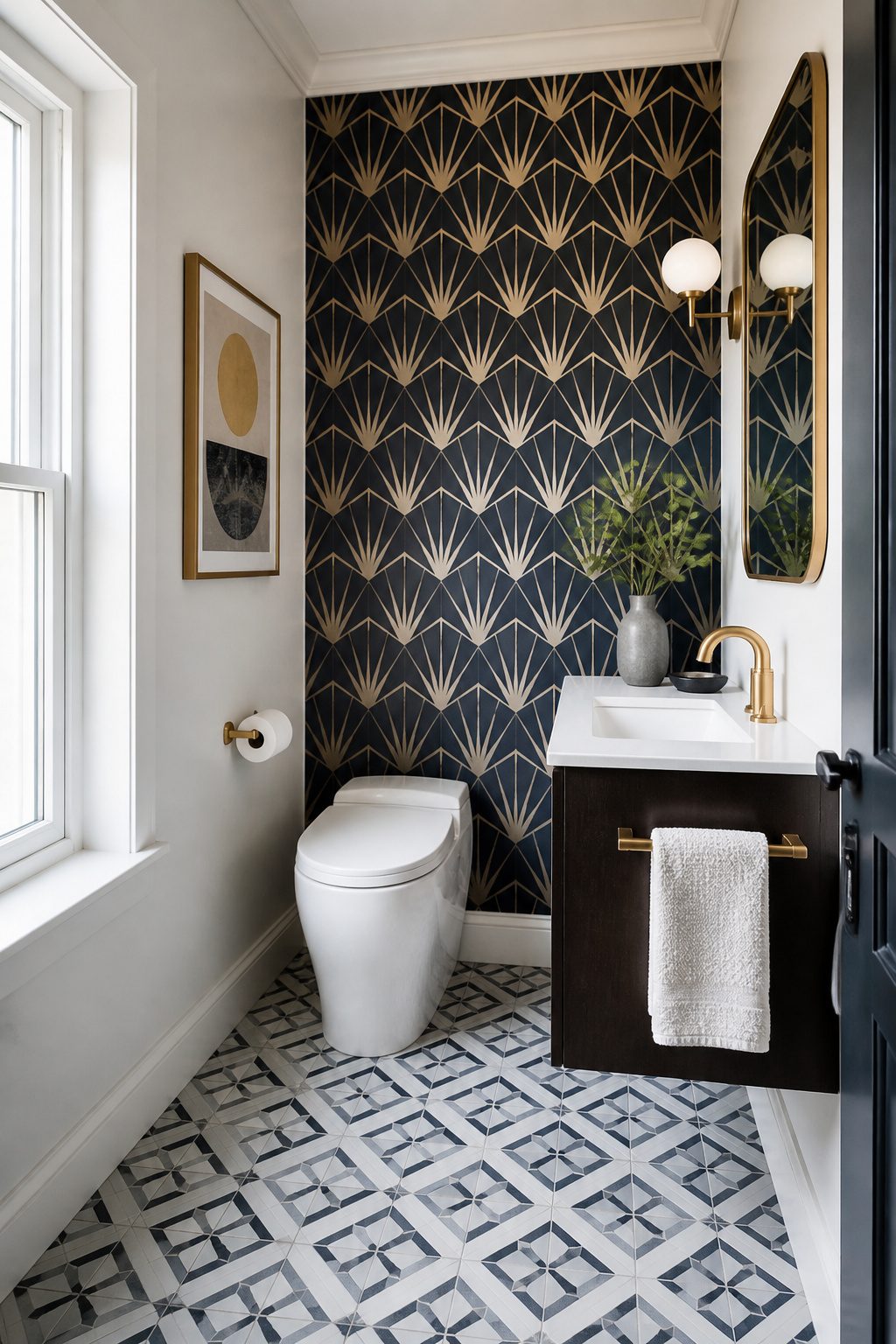 10 Creative Bathroom Design Ideas for 2026: Styles, Trends & Smart Solutions 5 A bathroom featuring geometric wallpaper and diagonal patterned tile.