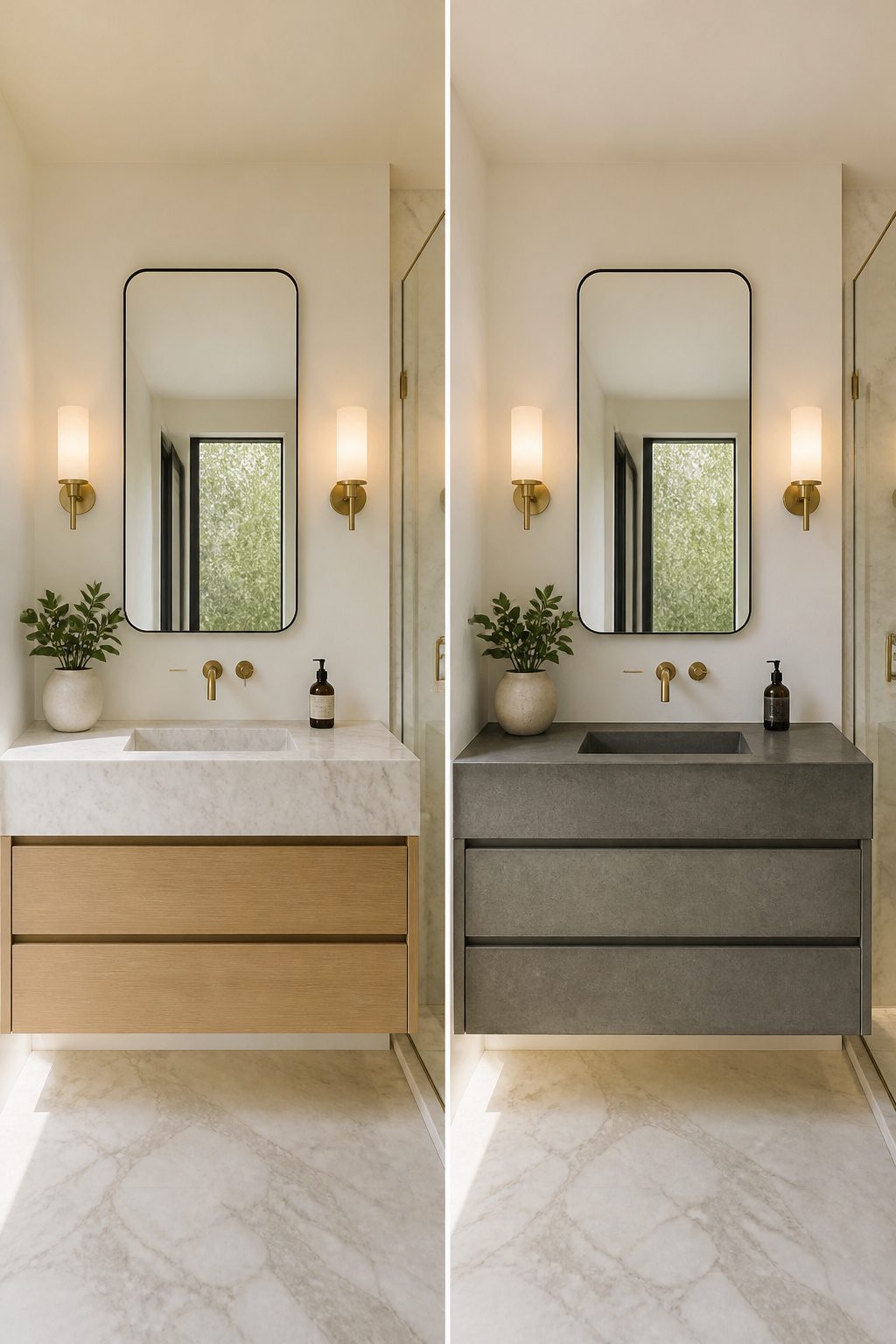 10 Creative Bathroom Design Ideas for 2026: Styles, Trends & Smart Solutions 7 A bathroom with white marble countertops and brass fixtures.