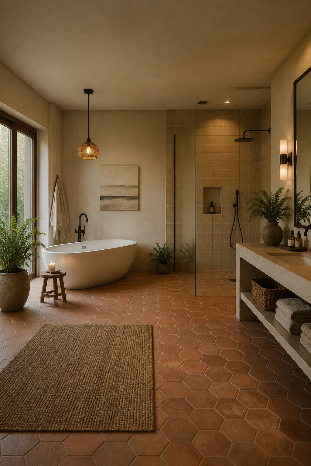 10 Creative Bathroom Design Ideas for 2026: Styles, Trends & Smart Solutions 2 A gray and white bathroom with a freestanding soaking tub and walk-in shower.