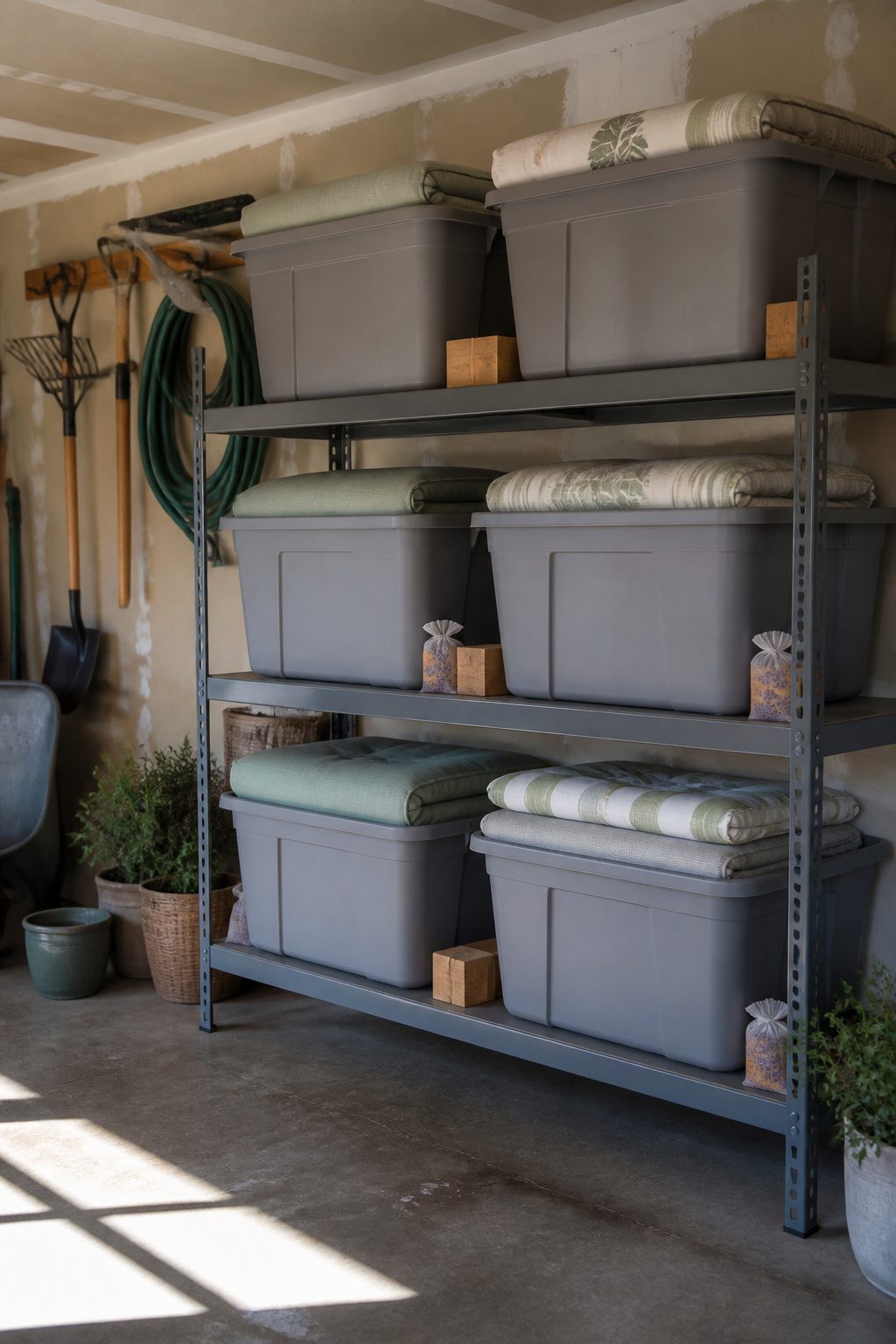 Sturdy plastic totes with secure lids on metal garage shelving.