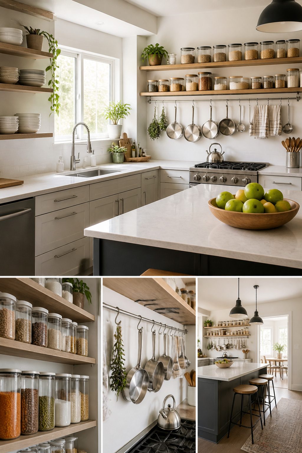 Kitchen tools organized on wall-mounted racks and a rolling cart.