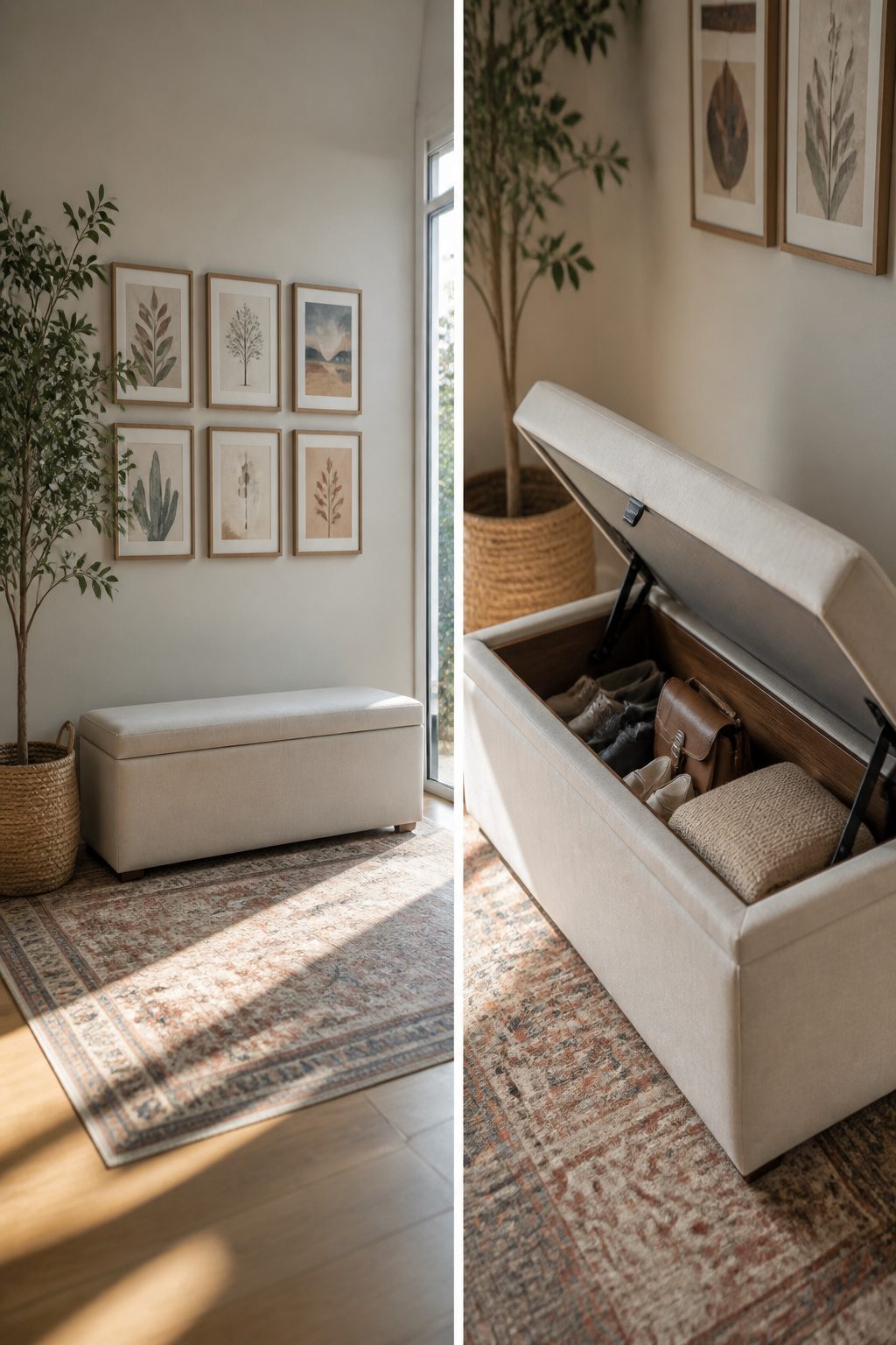 A flip-top storage bench holding shoes in an entryway.