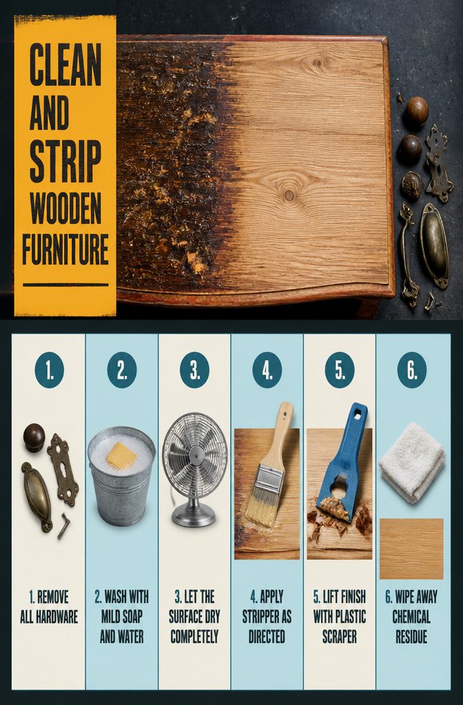 How to Lighten Wooden Furniture in 7 Steps 3 Graphic with the words Clean and Strip Wooden Furniture on a home interior background