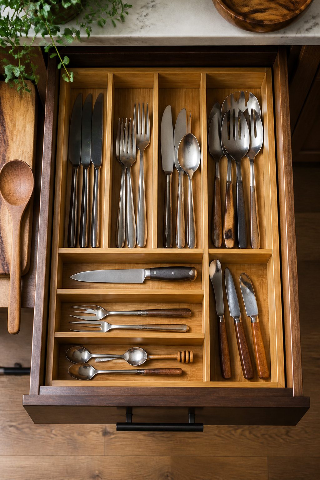 Wooden cutlery drawer with custom dividers for utensils.