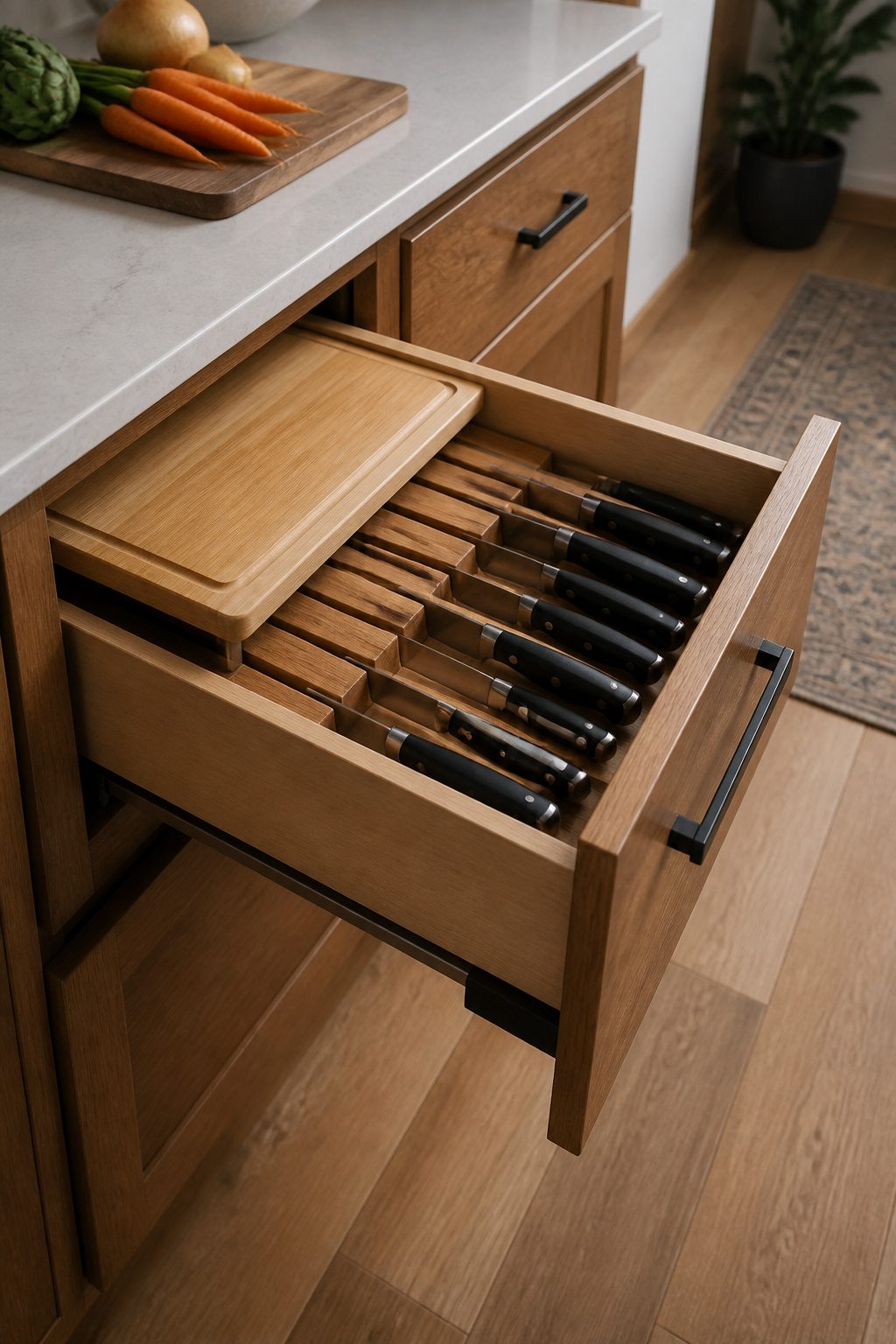 Kitchen drawer featuring a knife block with various slots.