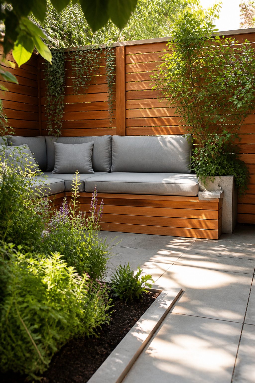 Built-in bench with cushions in a compact backyard.