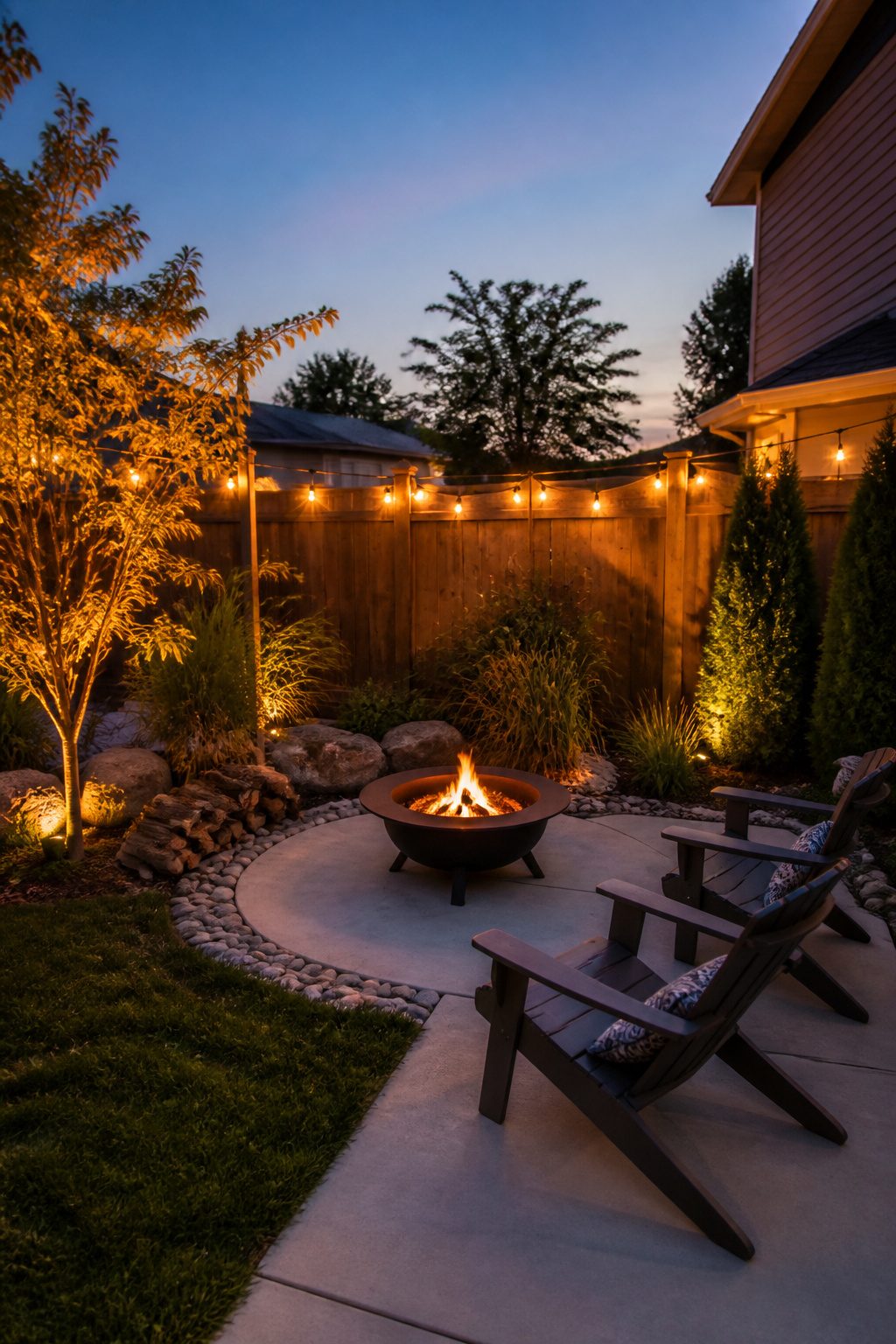 Portable firepit set up in a small backyard.